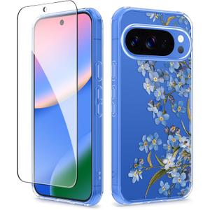 GVIEWIN for Google Pixel 10 Case/Pixel 10 Pro Case with Screen Protector, [Military Grade Drop Protection] Non Yellowing Clear Floral Slim Phone Cover for Women 2025 6.3" (Aconite/Blue)