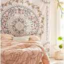 Orange Bohemian Tapestry Wall Hanging, Mandala Floral Medallion Hippie Tapestry with Light Brown Aesthetic Wreath Design, Cream Wall Decor Blanket for Bedroom Home Dorm