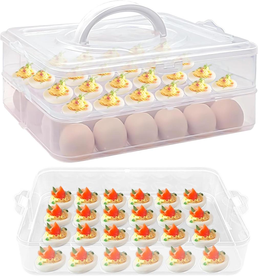 1-Layer Egg Holder for 24 Eggs,Plastic Egg Container with Handle,Deviled Egg Tray with Handle Lid,Devil Egg Holder for Refrigerator,Kitchen,Easter Day Party Containers, 12 x 8.5 x 4.2 inches