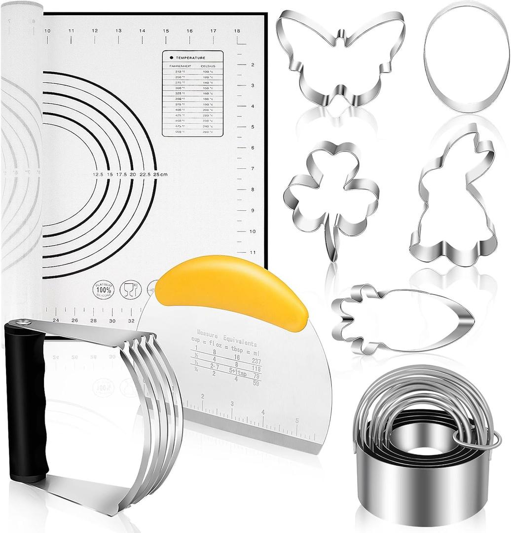 Stainless Steel Pastry Cutter, Biscuit Dough Cutter and Dough Blender Set, Silicone Baking Pastry Mat, Dough Scraper, Cookie Cutters& Pastry Utensils 