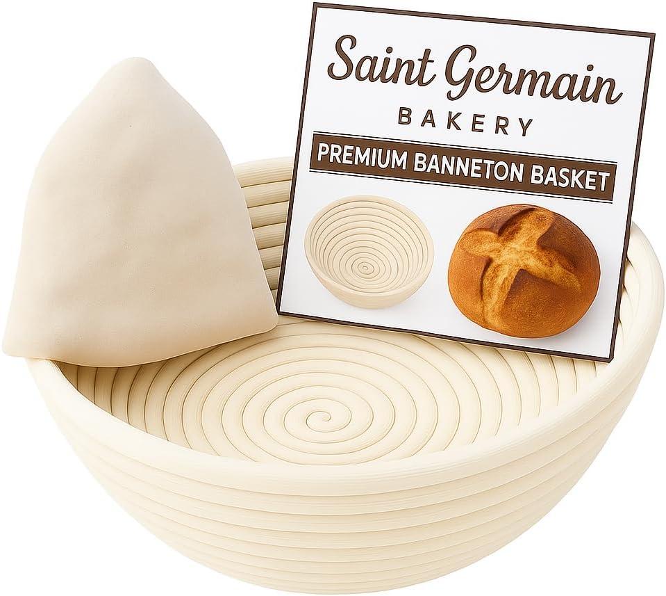 Saint Germain Bakery Premium Round Bread Banneton Basket with Liner - Perfect Brotform Proofing Basket for Making Beautiful Bread (9 inch)