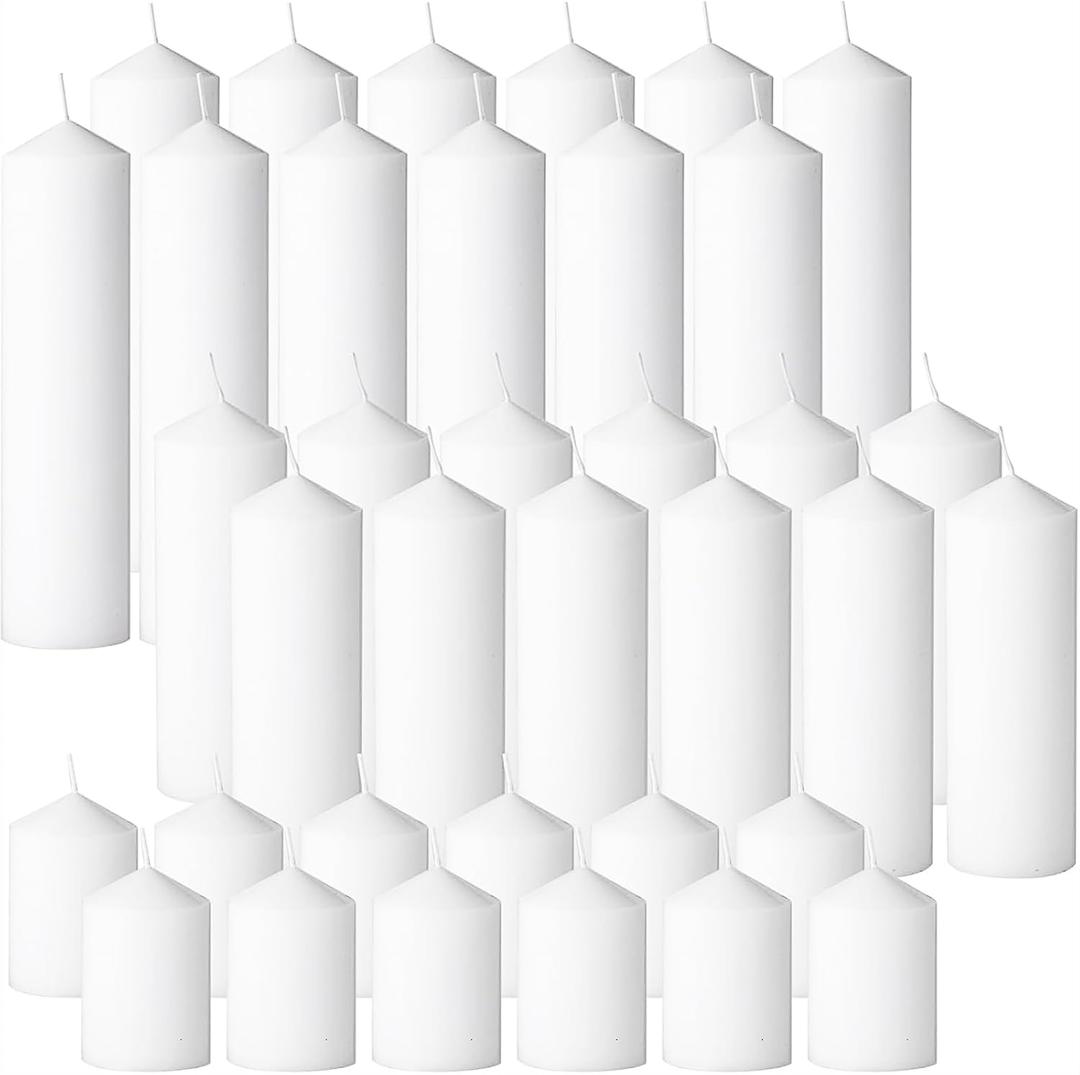 White Pillar Candles Bulk Set of 36，Hurricane Candles，3 Different Lengths 2 x 3/6/8 Inch (12 Each)，Dripless Unscented Smokeless，Gives You a Better Atmosphere When Organizing an Event Party.