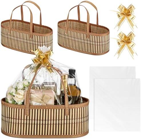 Reallnaive Woven Baskets for Gifts Empty Large Bamboo Gift Baskets with Handle Cellophane Wrap Bag and Pull Flower Ribbon Sturdy Foldable Gift Packages for Birthday Wedding Favor Wrapping 2 Pack