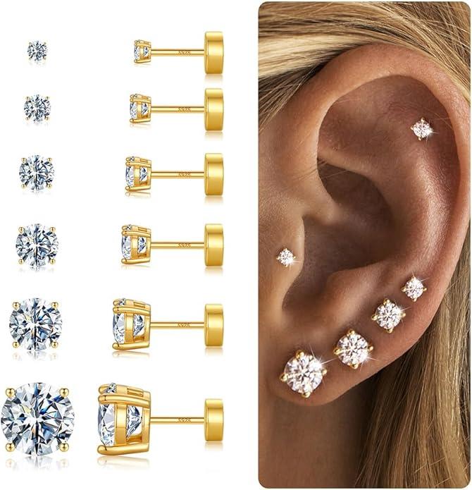 6 Pairs Hypoallergenic Silver-Plated Flat Back Earrings for Women,Stud Cartilage Earrings for Sensitive Ears Cubic Zirconia Ball Earring Screw Back Helix Conch Piercing Sets Trendy Jewelry Gifts