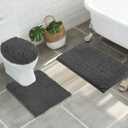 ITSOFT 3pc Non-Slip Shaggy Chenille Bathroom Mat Set, Includes 24 x 21 Inches U-Shaped Contour Toilet Rug, 34 x 21 Inches Bathmat and 1 Toilet Lid Cover, Charcoal Gray