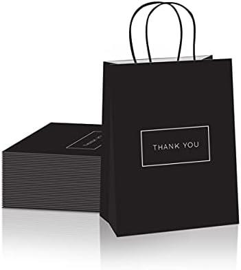 Purple Q Crafts Small Paper Thank You Gift Bags with Handles – 8x4x10 Inches, Strong Quality 50 Pack Black Shopping Bags with Thank You Logo