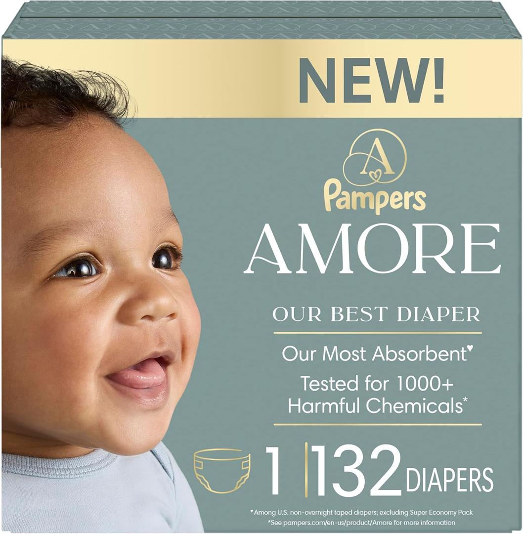 Pampers Amore, Size 1 (8-14 lbs), 132 Count, Our Best Diaper Hypoallergenic & Fragrance Free, Up to 100% Leakproof, Soft as Cashmere