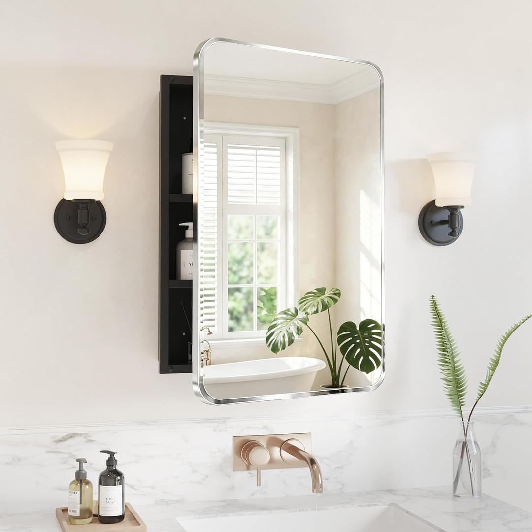 Medicine Cabinet Mirror 16x24 Inch, Chrome Bathroom Mirror Cabinet with Stepless Adjustable Shelves, Stainless Steel Frame, Bathroom Mirror with Storage Recessed or Wall Mount