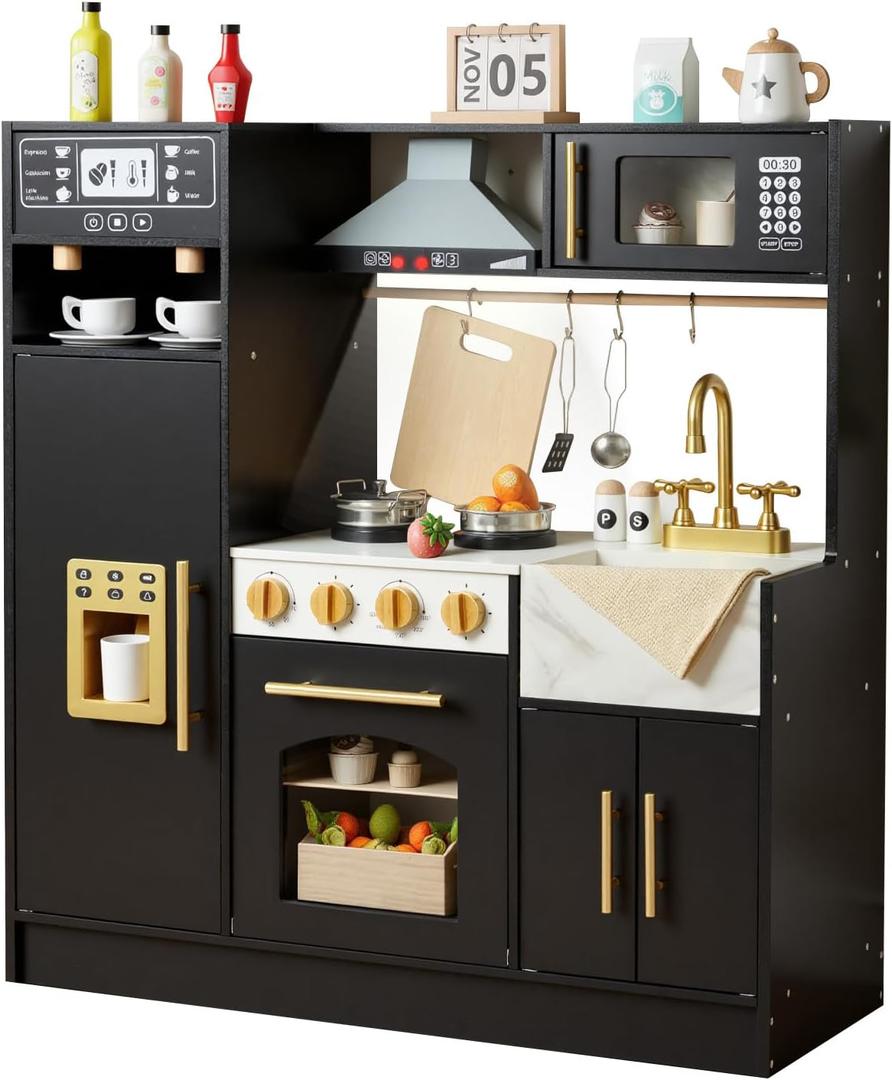 Play Kitchen for Kids, Wooden Toy Kitchen Set with Realistic Accessories, Luxury Style Toddlers Kitchen, Range Hood, Refrigerator, Ice Maker, Oven, Microwave, Coffee Maker, Pretend Play Gift for 3+