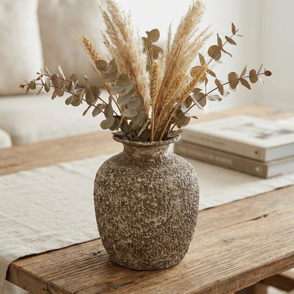 Brown Ceramic Vase - 7 Inch Rustic Textured Vase for Flower, Terracotta Farmhouse Vases for Home Decor, Coffee Table, Artificial Branches, Night Stand Decor