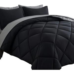 Cosybay Bed in a Bag Full Reversible Comforter Sets 7pcs All Season Down Alternative Bedding Sets Black and Grey with Comforter, Pillow Shams, Flat Sheet, Fitted Sheet and Pillowcase