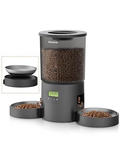 Automatic Cat Feeder 2 Cats, 4.2L Dry Food Auto Dispenser with Double Bowls,Dual Power Supply,Programmable Portion Control,10s Voice Recorder(Black,Stainless Steel Bowls) (Transparent+Black)