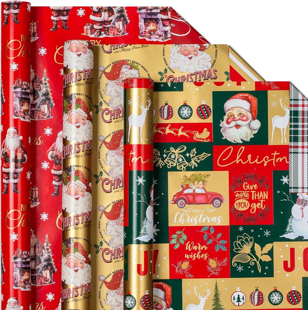 MAYPLUSS Reversible Christmas Wrapping Paper Rolls - 17" X 120" Per Roll - Classic Vintage Funky Red Santa Claus Wrap Present Paper for Festive Celebrations