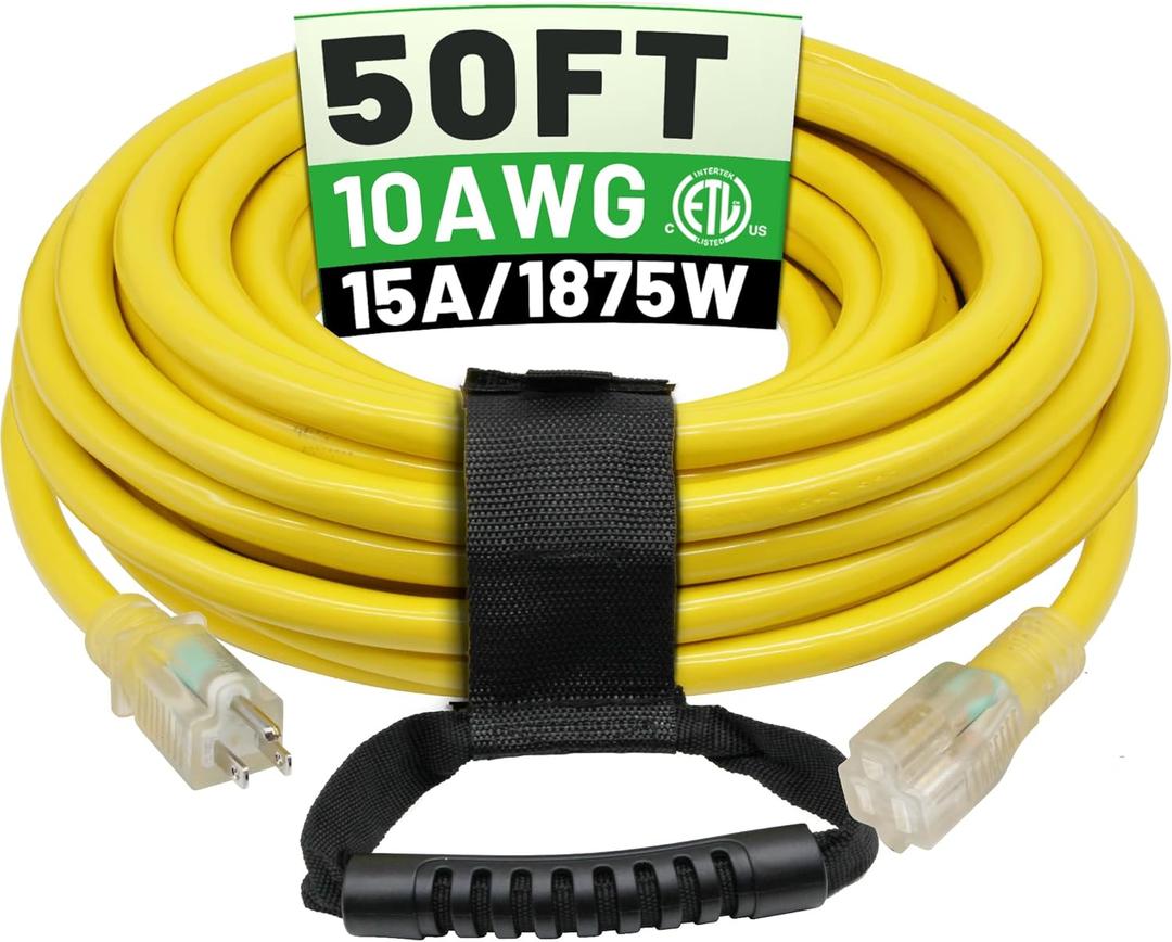 POWGRN 50 Ft 10AWG Outdoor Extension Cord Waterproof Heavy Duty 10 Gauge 3 Prong, Flexible Cold-Resistant Long Power Cord Outside with Lighted Indicator End, 15Amp 1875W SJTW Yellow ETL Listed
