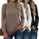 3 Pack Women's Mock Turtleneck Sweatshirts Long Sleeve Cotton Pullover Shirts Tunic Lightweight Loose Casual Tops (Medium, Black, White, Brown)