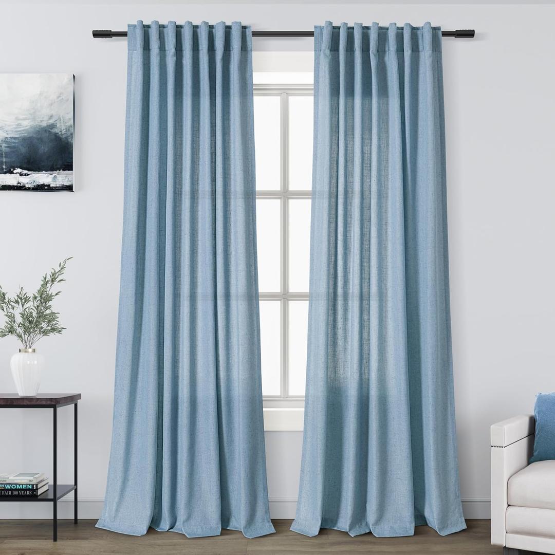 Nanspring Blue Semi Sheer Linen Curtains 84 inch Length for Living Room Back Tab Modern Farmhouse Coastal Decor Stone Dusty Blue Cotton Textured Gauze Curtains for Dining Room Bedroom Blue Grey (52"W x 84"L (Pack of 2))