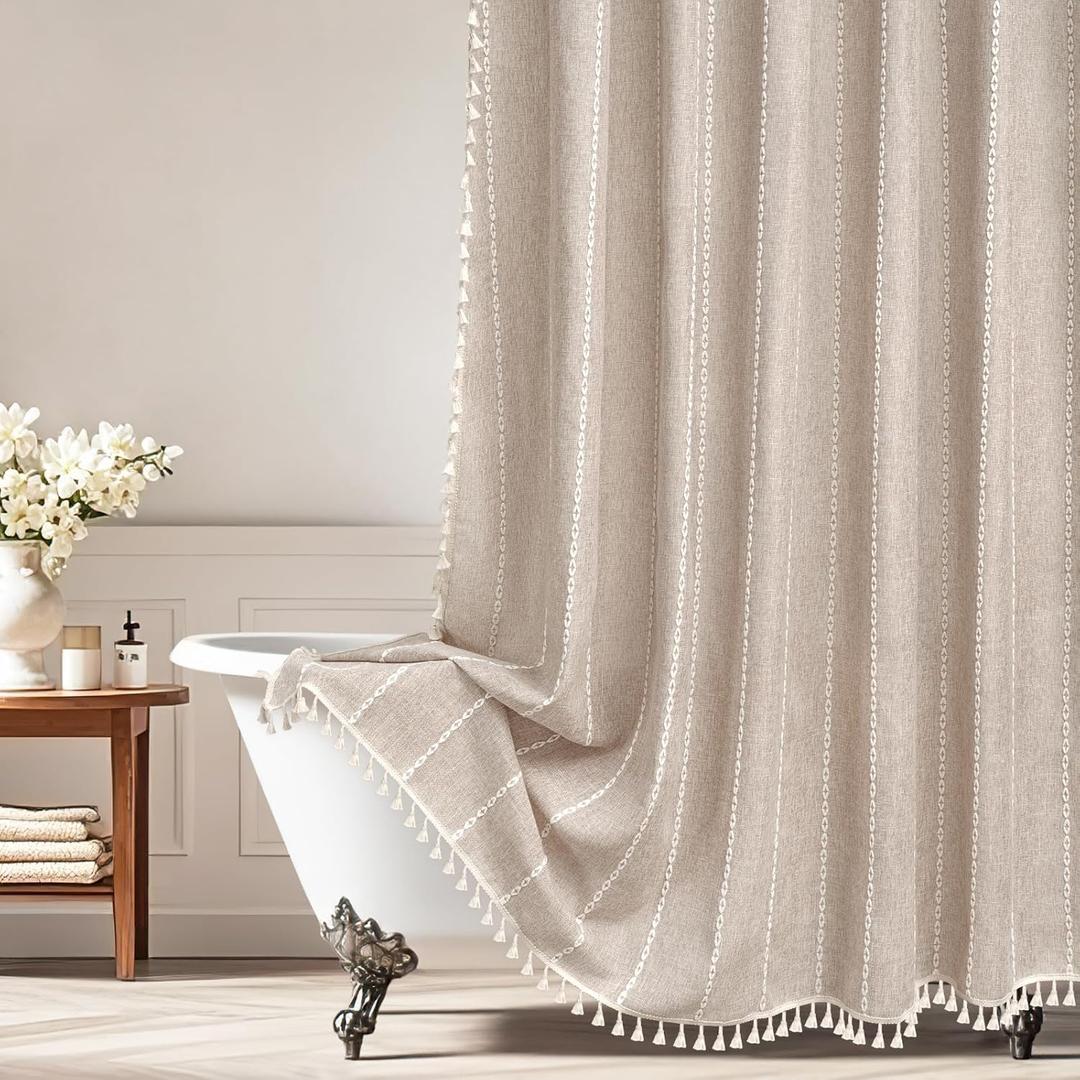Seenus Boho Farmhouse Shower Curtain Heavyweight with Tassels, 72 x 84 Inch Extra Long Taupe Linen Textured Fabric Shower Curtain for Bathroom, Tan and White Striped Bath Dcor Curtain Water Repellent