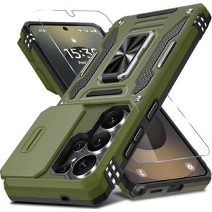 DEERLAMN Case for Samsung Galaxy S26 Ultra 6.9-Inch with Slide Camera Cover+Screen Protector(1 Pack), Rotated Ring Kickstand Military Grade Shockproof Protective Cover-Olive Green