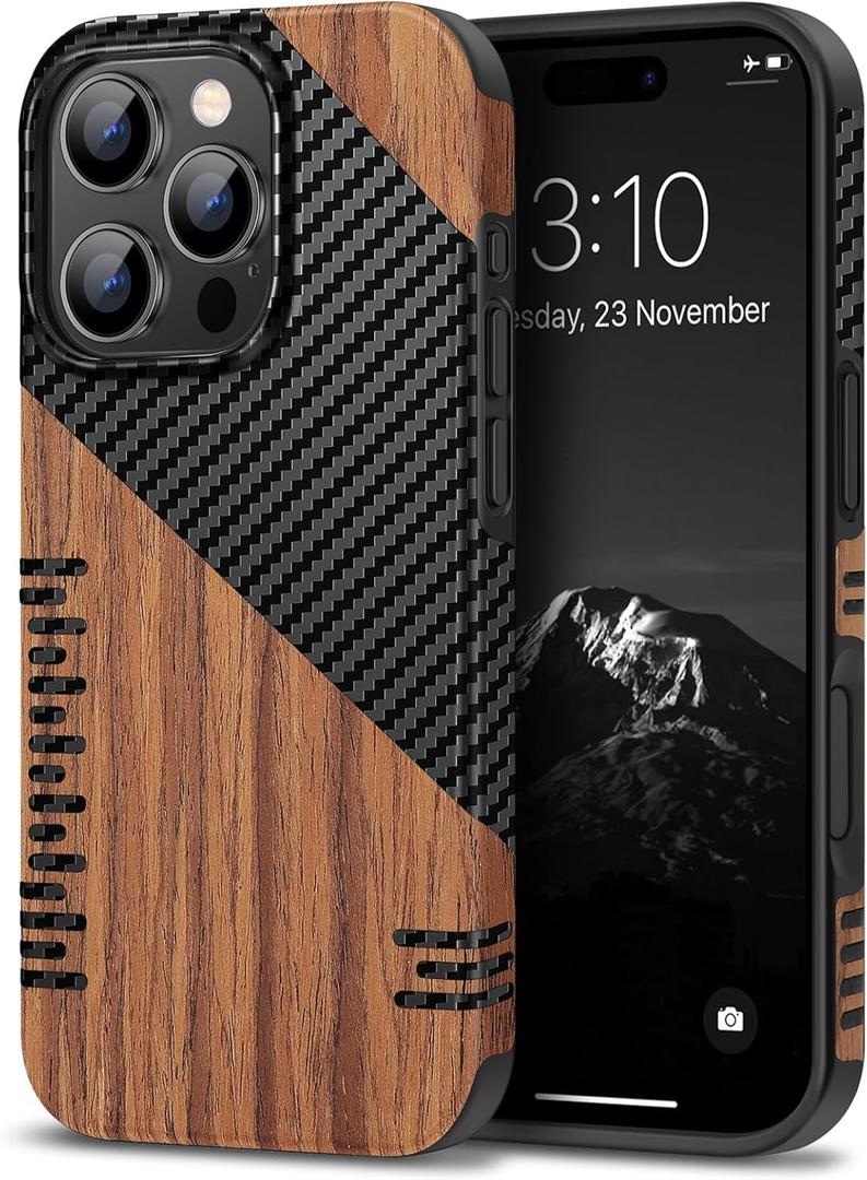 TENDLIN Compatible with iPhone 16 Pro Phone Case Wood Grain with Carbon Fiber Texture Design Leather Hybrid Slim Case (Twill)