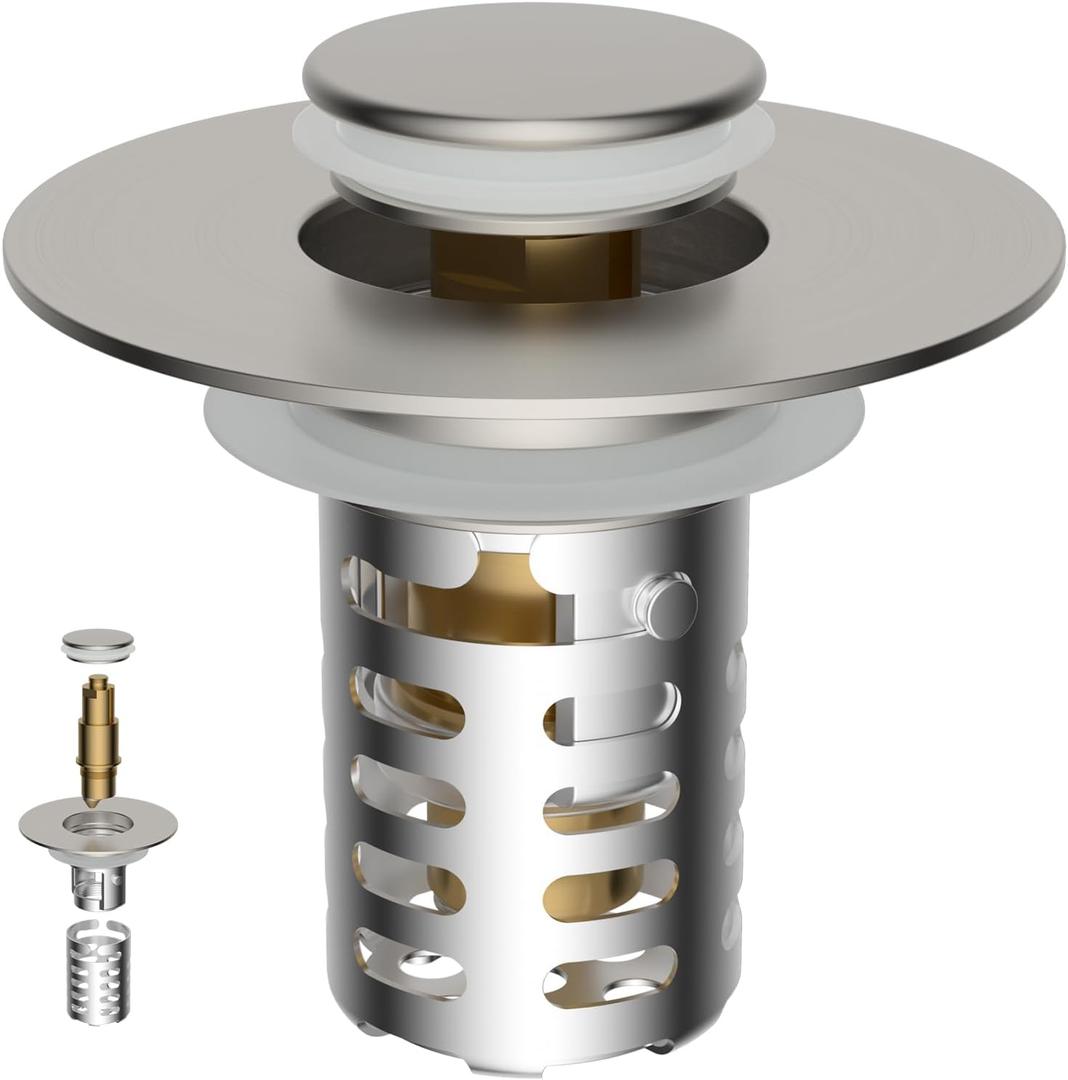 Universal Metal Bathroom Sink Drain Strainer Hair Catcher Upgraded 3 in 1 Pop-up Sink Stopper, with Detachable Stainless Steel Filter Basket, Fit for Standard 1.1''~2.36'' Basin Hole, Brushed Nickle, 1 Pack