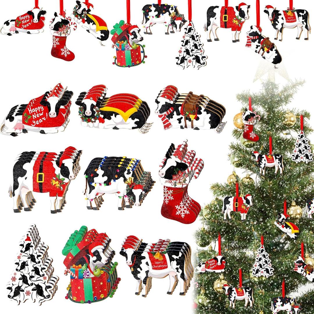 36 Pieces Christmas Cow Ornaments for Christmas Tree Wooden Western Cow Print Hanging Decorations Farm Animal Ornaments Decor for Xmas Holiday Party Favors Door Farmhouse Stocking Stuffers