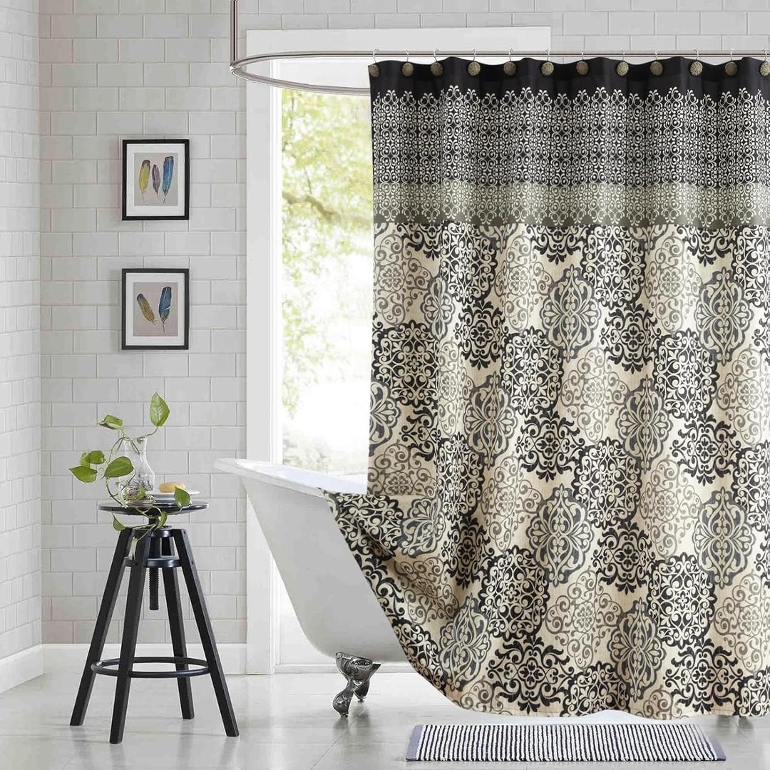 Fabric Shower Curtain, Black and Beige Boho Medallion Print Shower Curtains for Bathroom, 72" W x 72" H