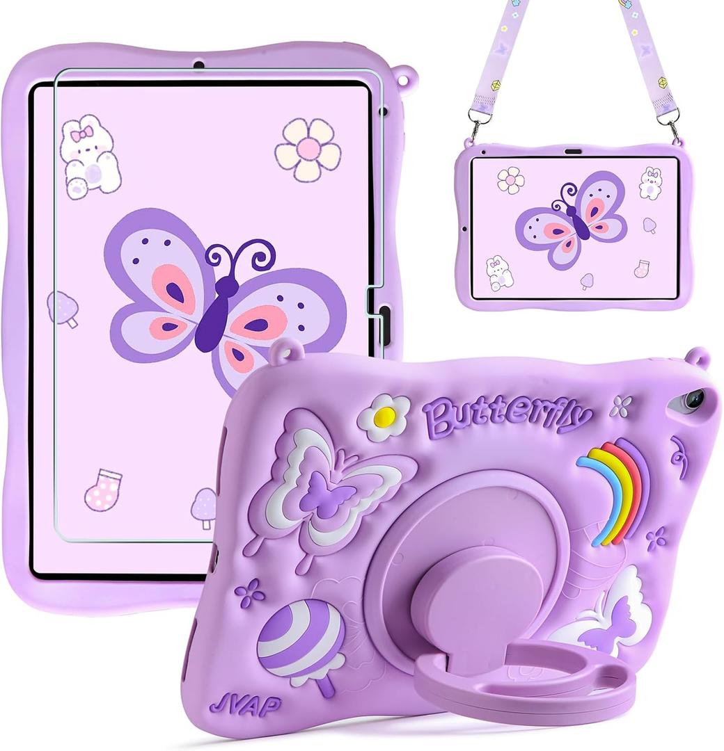 For iPad 10th/11th Generation Case for Kids Girls iPad A16 Case with Screen Protector Shoulder Strap Kickstand Cute Butterfly Silicone Shockproof Cover for iPad 10th Gen 10.9'' / 11th Gen 11''