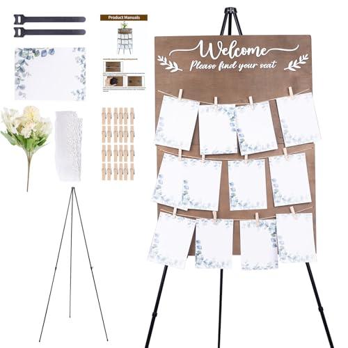 Wooden Wedding Seating Chart Board, Two Connectable Panels (23.7"×17"), 0.32" Thick, Foldable Design with Metal Stand, White Lace Ribbon, Floral Décor, and 20 Cards for Ceremony & Reception