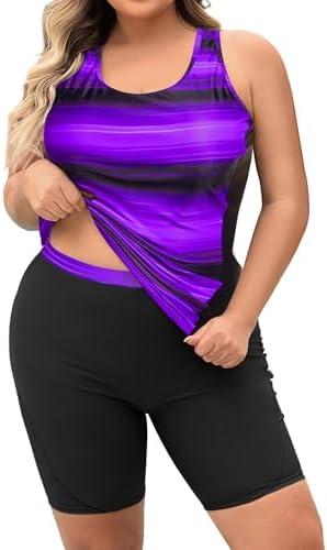 Daci Women's Plus Size Tankini Swimsuit - Two Piece Rash Guard with Capris Shorts and Athletic Racerback Bathing Suit, Size 20W
