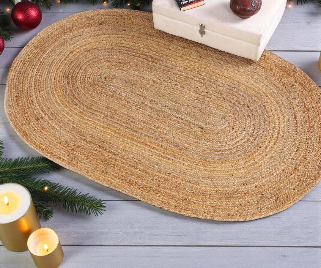 MDS Pack of 1 Handwoven Braided Jute Area Rug 3x5 feet Oval - 100% Natural Burlap Reversible Accent Rugs for Home Decor, Living Room, Doormat, Kitchen, Entryway Rug, Rustic, Farmhouse (3'x5')