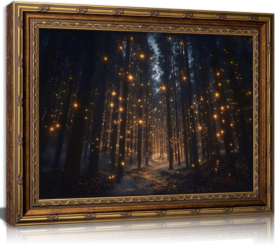 Vintage Gold Framed Enchanted Forest Wall Art, Gothic Magical Firefly Night Canvas Print Poster, Dark Academy Mystical Decor for Living Room Bedroom, Whimsical Nature Home Decoration, 24"l X 16"w