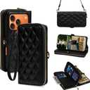 Rssviss Crossbody Case for iPhone 17 Pro Case Wallet, RFID Blocking Leather with Card Holder Kickstand, Handbag Zipper Flip Cover with Wrist Strap for iPhone 17 Pro Men Women 6.3", Black