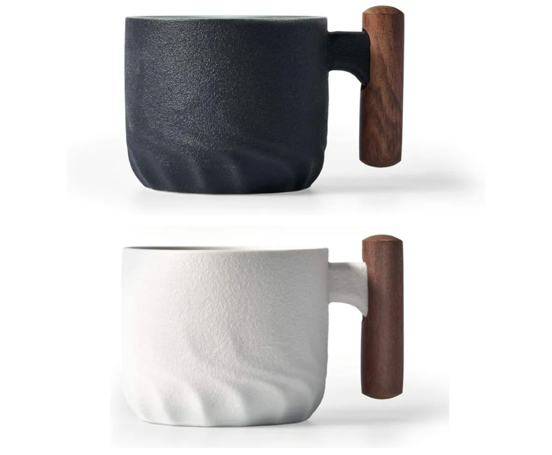 Ceramic Espresso Cup with Wooden Handle, 3oz, Microwave Safe, Porcelain, 2.08x1.85in, Hand Wash Only, Black&White