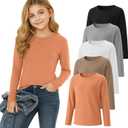 5 Pack Girls' Long Sleeve Shirts Kids Soft Crewneck Casual Loose Fit Layering Tops Basic Athletic Pullover Tee, 11-13Y