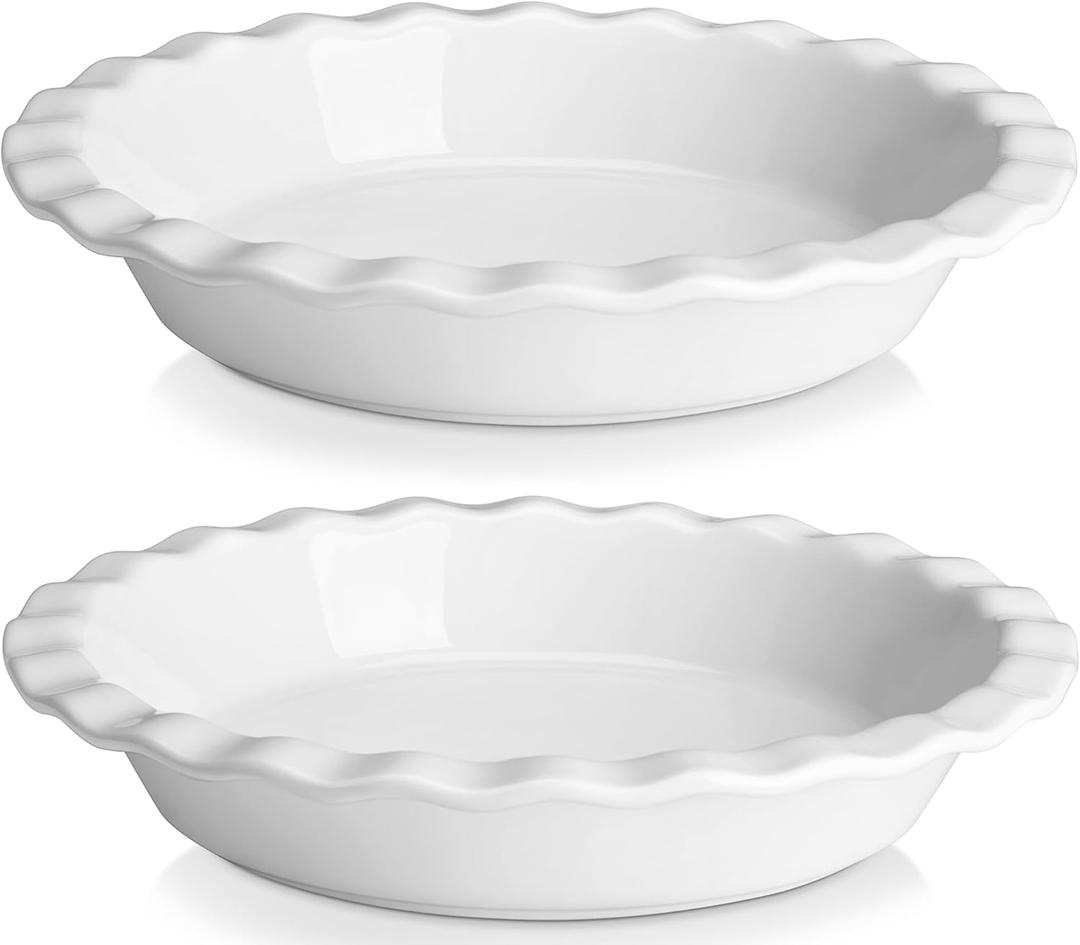 MALACASA Ceramic Pie Pan Set of 2, 9 inch, 40 oz Round Pie Dishes with Fluted Edges, Non Stick, For Quiche, Apple Pies, Pot Pies & More