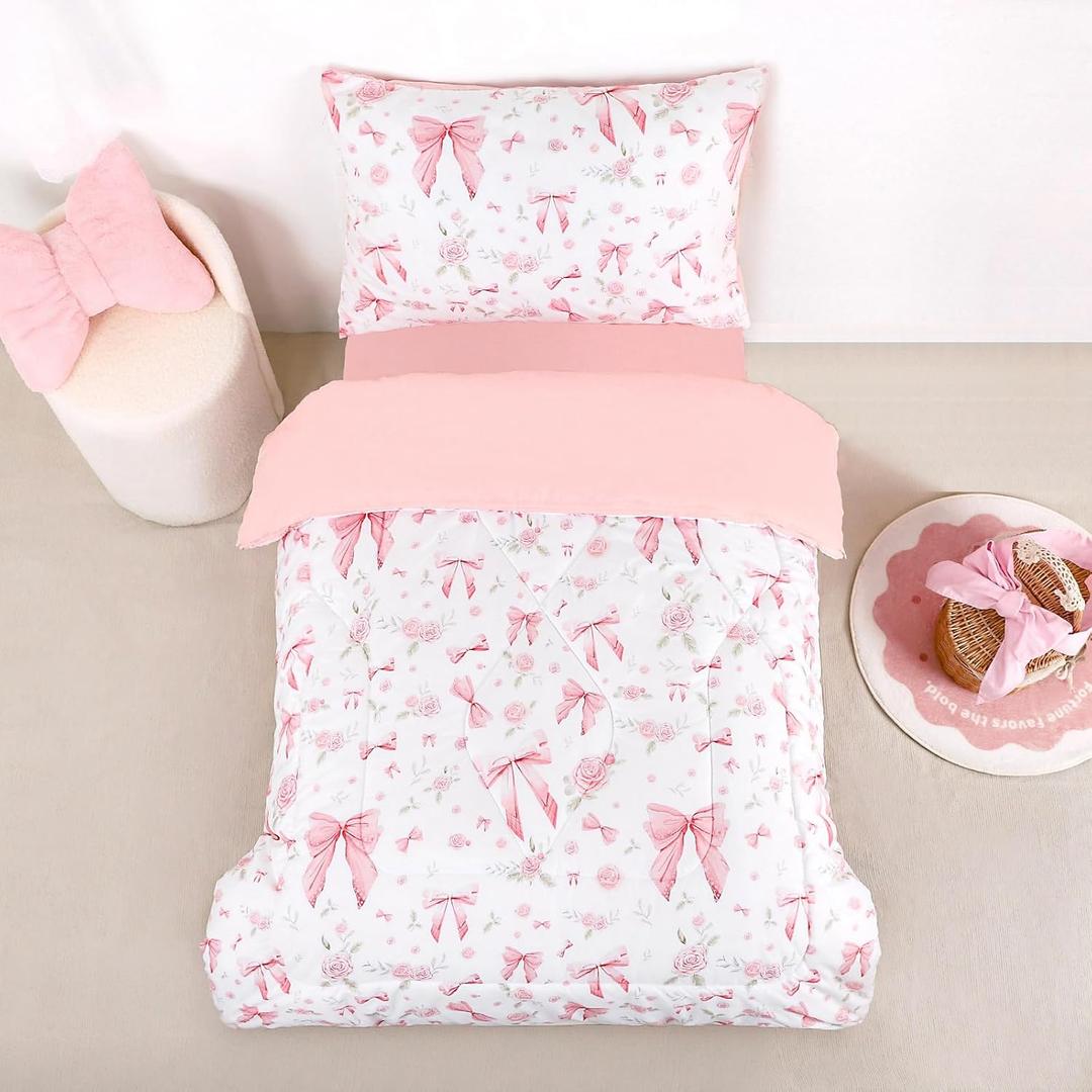 Toddler Bedding Set for Girls 4 Pieces Pink Rose, Soft Breathable Toddler Comforter Set, Bow Flower Print, Includes Reversible Comforter, Fitted Sheet and Flat Sheet, Pillowcase