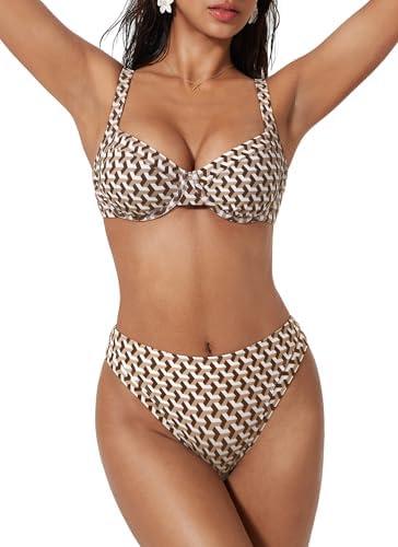 SUUKSESS Women Color Block Underwire Bikini Sets Cheeky High Cut 2 Piece Swimsuit S