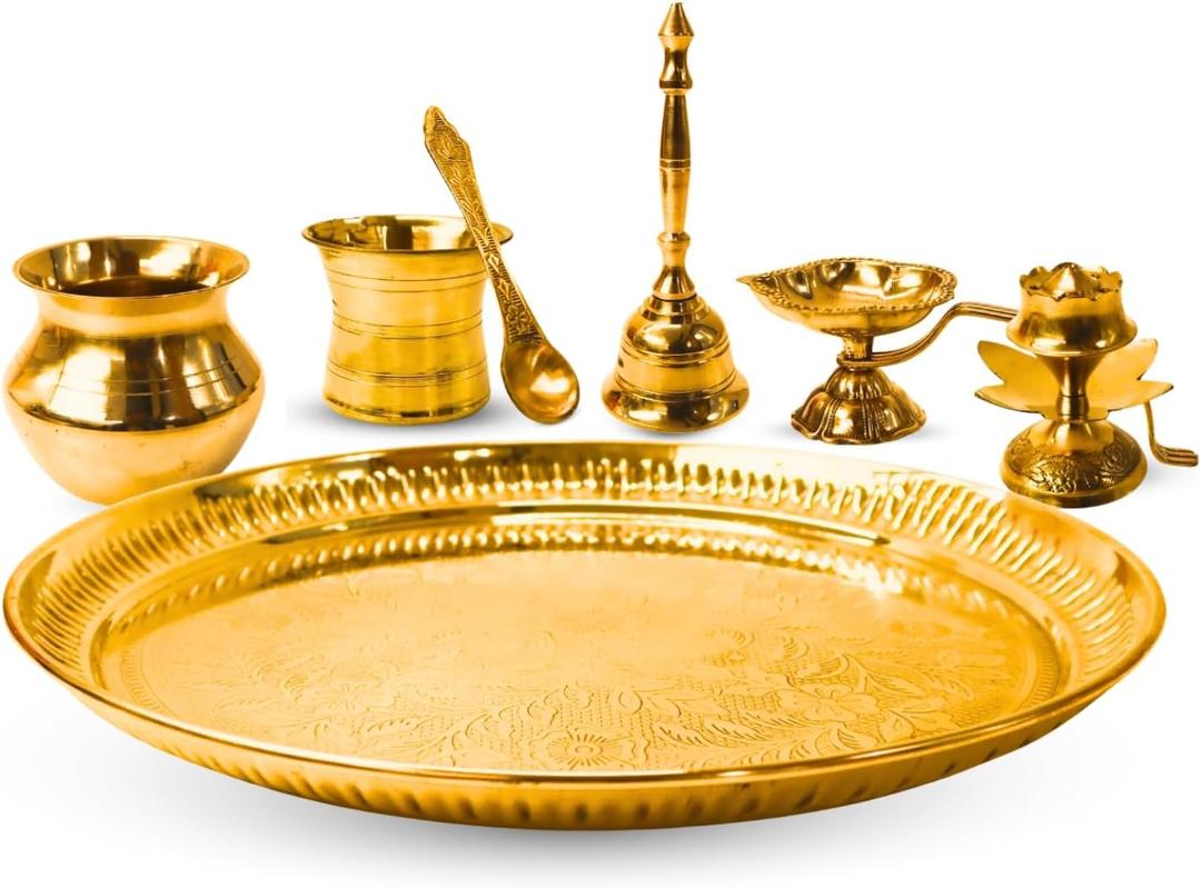 Vedic Charya 10 Inch Brass Puja Thali Set Round Shape  Set of 7 Golden Traditional Pooja Plate, Spiritual Decor Indian Religious Worship & Festivals Thali for Shivratri, Home Mandir, Return Gift