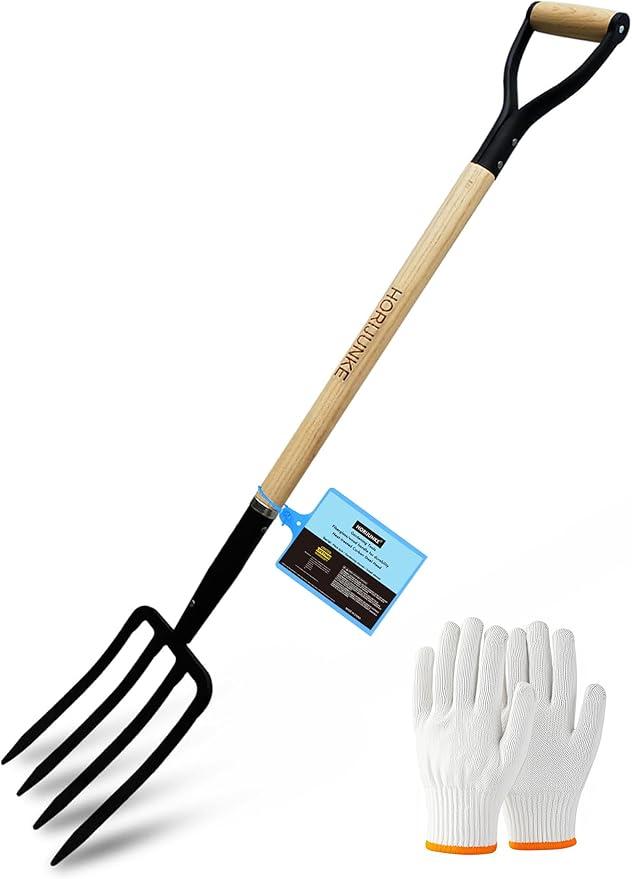 Garden Fork, 4-Tine Pitchfork, Spading Digging Fork, Forged Steel Y-Grip, Wood Handle, 45Inch