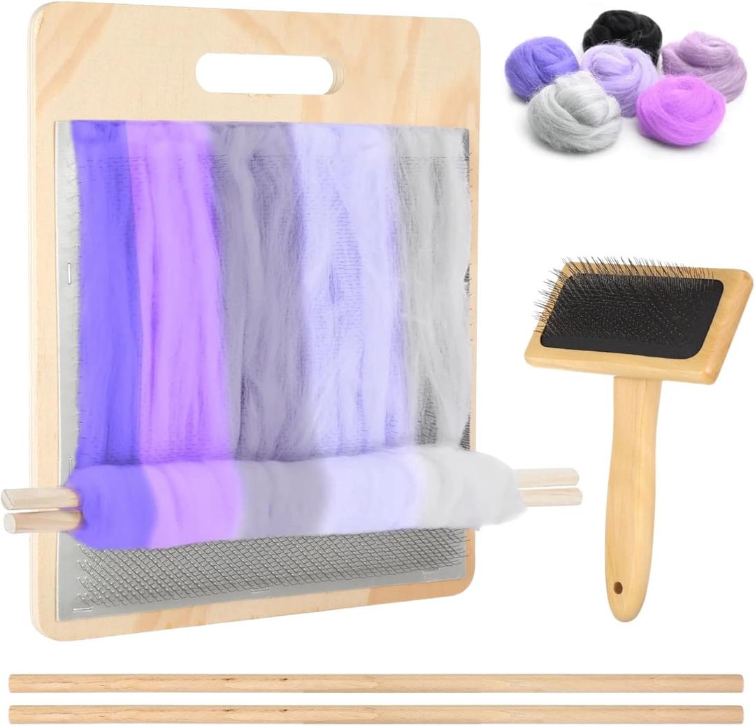 Varku 4 PCS Wool Blending Board Set, Wooden Carding Brush, 2 Wooden Sticks, Felted Wool Carder for DIY Projects, Wool Comb for Mixing