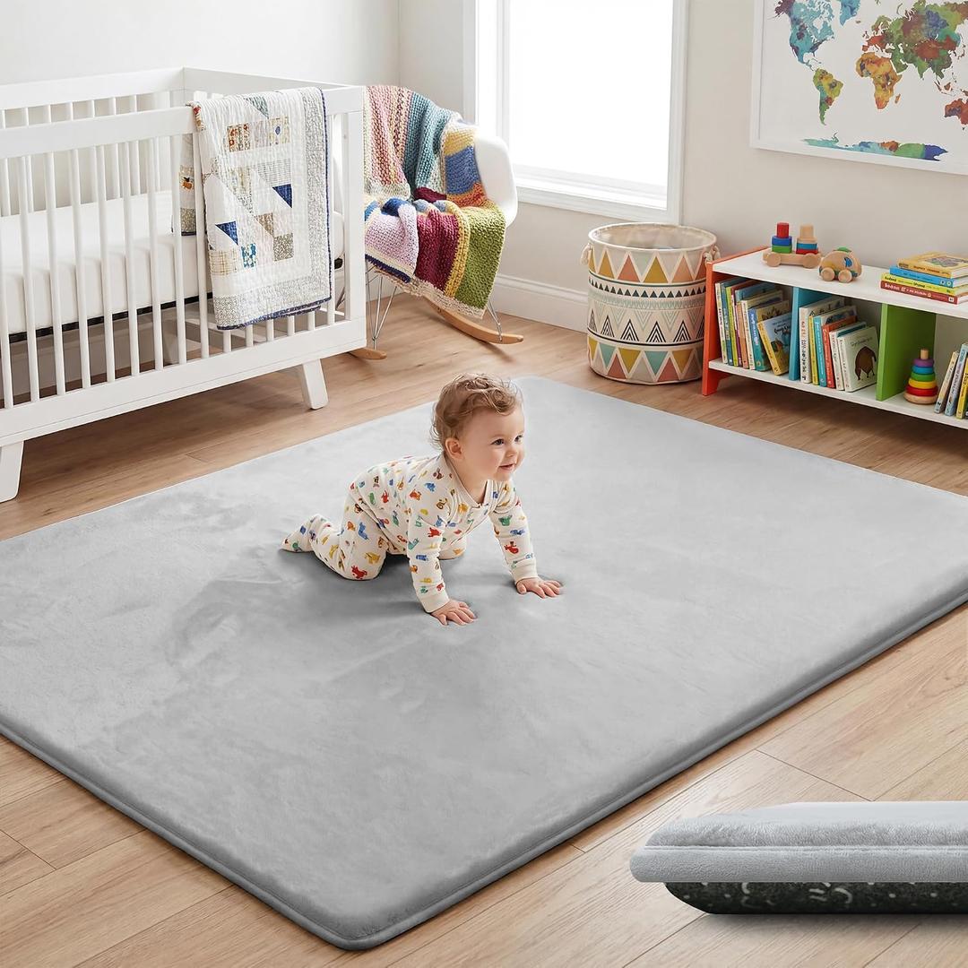 1.5" Thick Baby Play Mat for Floor, 59x79 Playpen Mat, Pro Soft Flannel Foam Mats Toddler Infant Kids Crawling for Nursery Rug Playroom Living Room Waterproof Easy Care Non-Slip (Light Grey)