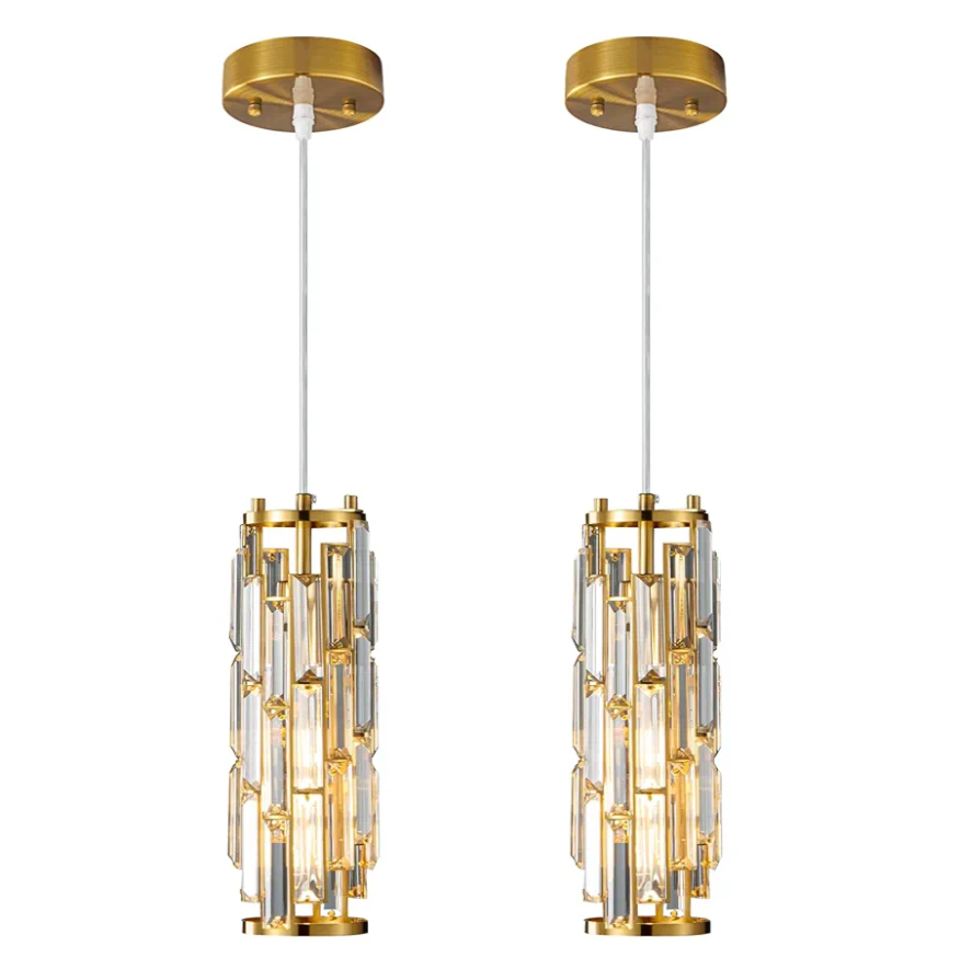 LMQNINE Pendant Lights Modern Gold Pendant Light Mini Crystal Chandelier Pendant Lighting for Kitchen Island Dinning Room Bedroom Kitchen Sink Lighting (Gold 2-Pack)