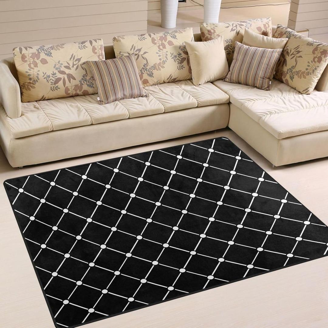 Washable Area Rug 4'x 5',Black White Checkered Plaid Floor Carpet Indoor Mat Non Slip Large Area Rugs for Living Room Bedroom Dining Room (A067)