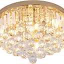 Mini Crystal Chandelier Ceiling Light,Flush Mount Modern Round K9 Crystal Raindrop Ceiling Lighting Fixture for Dining Room Bedroom Hallway Height 11''x Width 16''(French Gold)