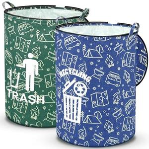 Memorywuu 2 Pack Collapsible Trash Can Camping with Zippered Lid Foldable Storage Bin Portable Garbage Can for Outdoor Camping RV's Yard Waste (Trash and Recycling Style)