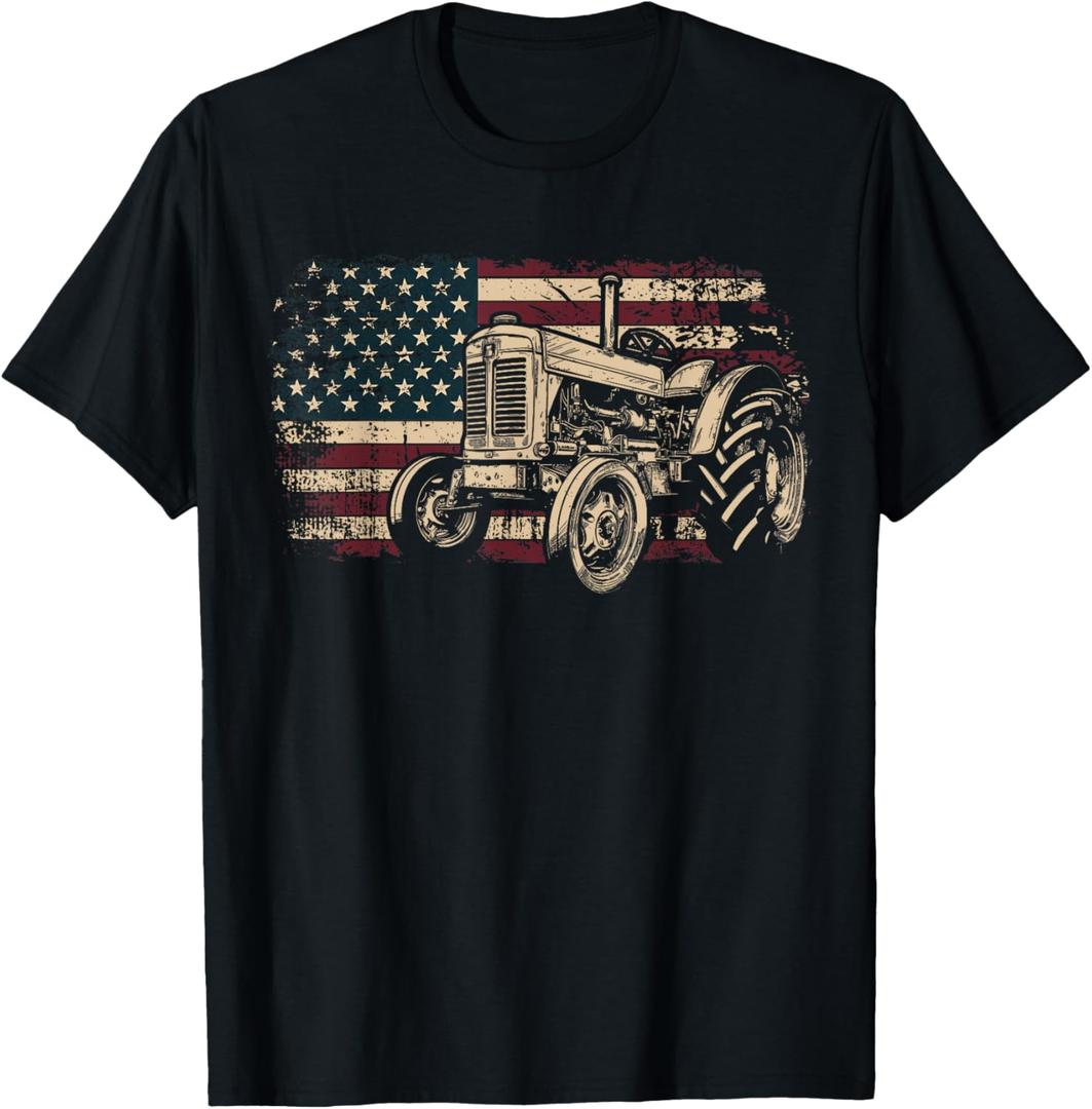 Farm Tractor Proud Farmer Patriotic American Flag Tractor T-Shirt, Large