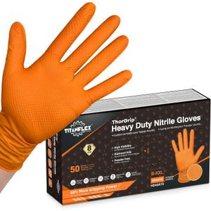 TitanFlex Thor Grip Heavy Duty Industrial Orange Nitrile Gloves with Raised Diamond Texture, 8-mil, Latex Free, Powder Free (Small (Pack of 50))