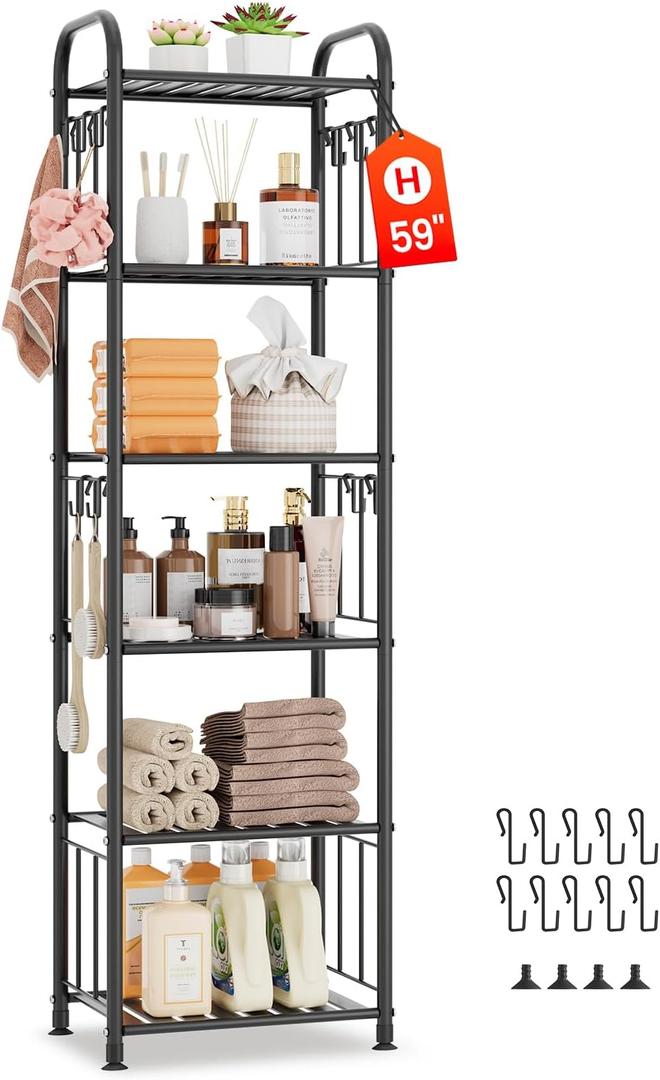 PouHenier.jh 6 Tier Tall Metal Narrow Skinny Shelf Free Standing for Bathroom, Thin Shelving Unit for Pantry or Kitchen, Slim Open Tower Rack with 10 Hooks, Space Saving and No Tools Assembly (Black)