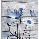 HVEST Vintage Floral Canvas Wall Art Blue and White Daisy Butterfly on Farmhouse Wooden Wall Decor for Bedroom, Country Wildflower Framed Wall Art for Living Room Office Home Decor, 24L X 16W inches