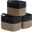 Goodpick Black Woven Rope Basket Set of 3, Shelf Storage Baskets for Books, Towels, clothes, Rectangle Decorative Basket for Living Room, Bedroom, Toy Bin for Nursery